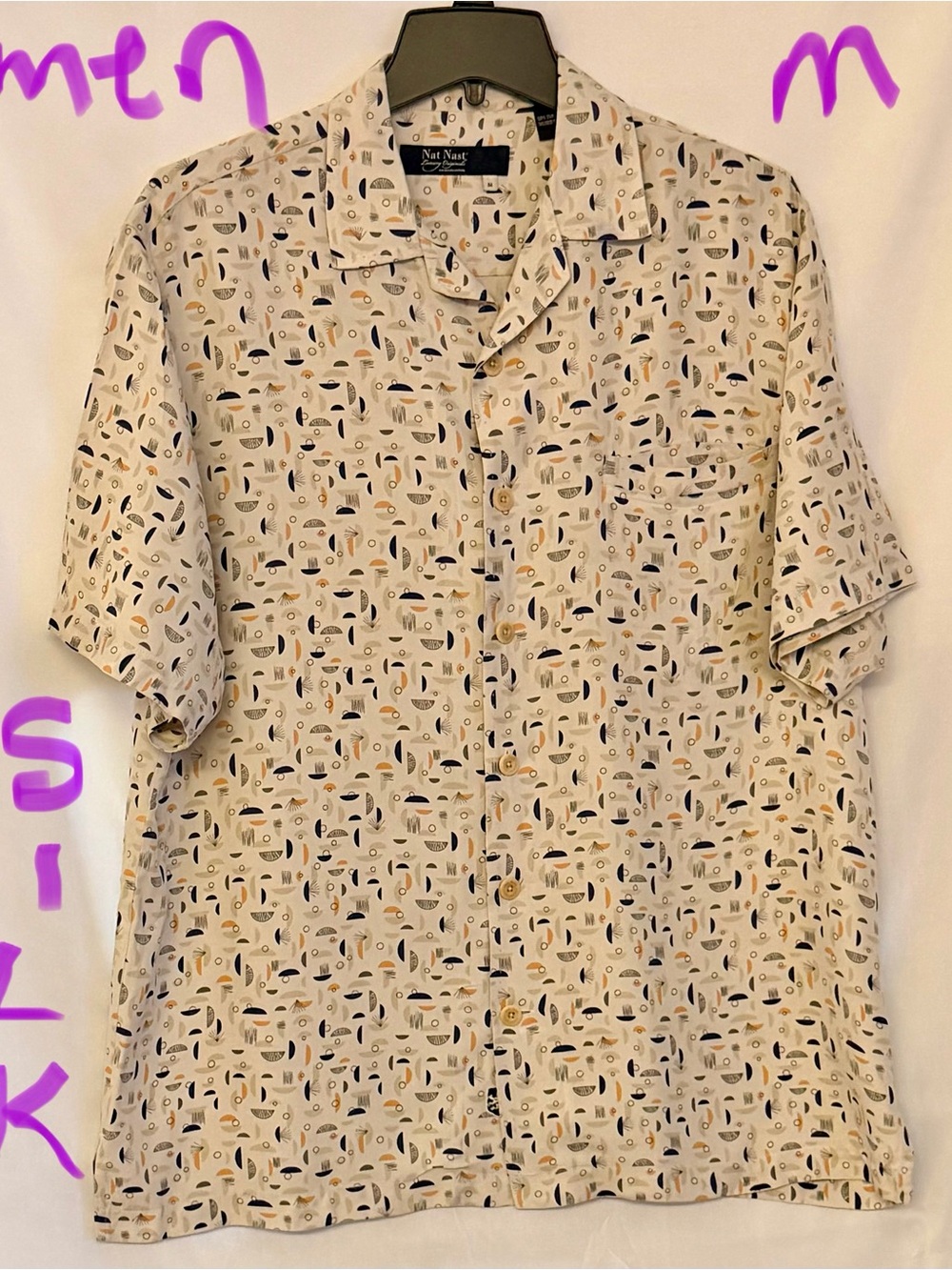 Nat Nast Beige Short-Sleeve Button-Front Shirt with Navy & Tan Print
